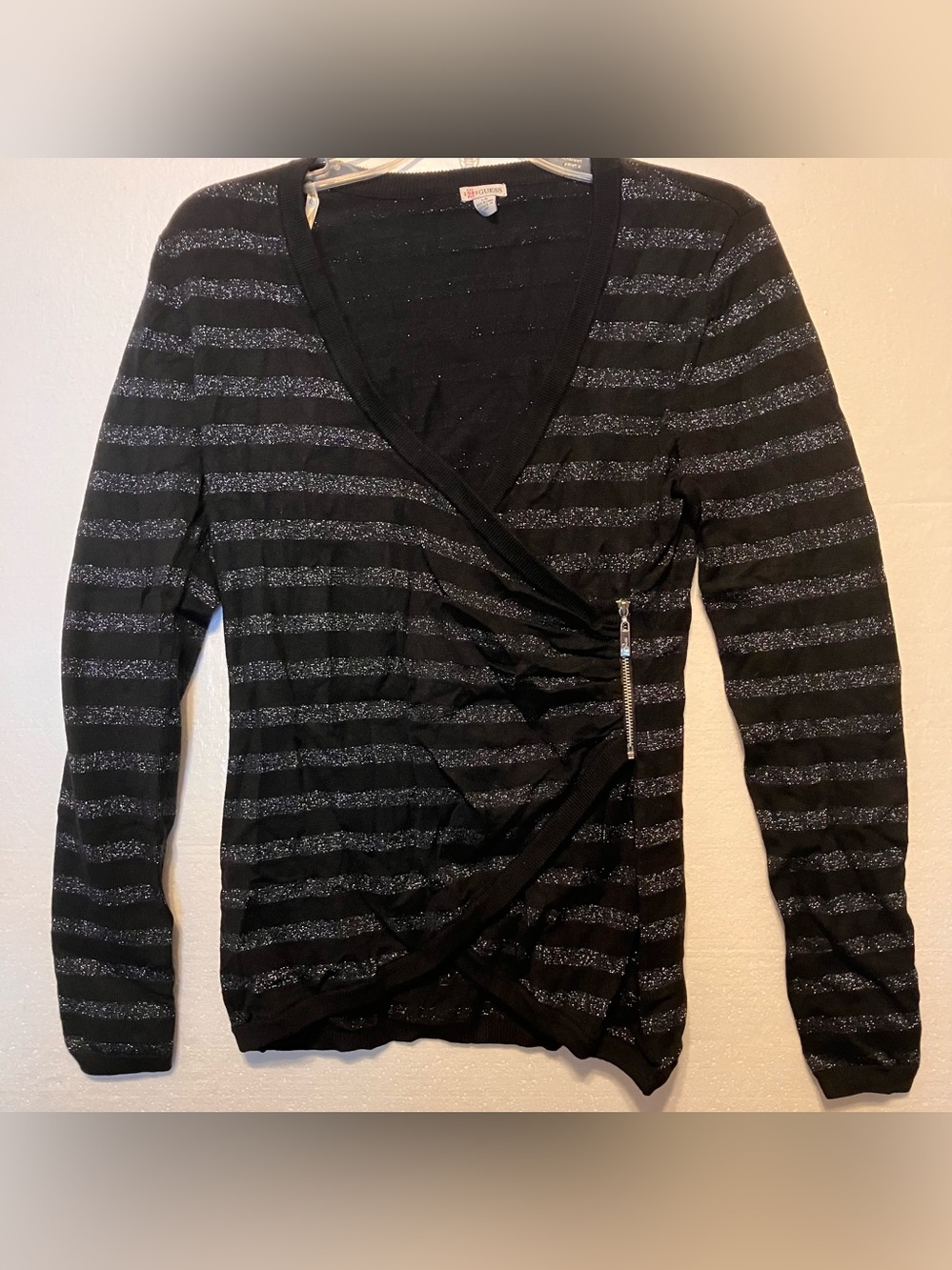 Guess L Black Sweater with Silver Sparkle Stripes and Side Zip